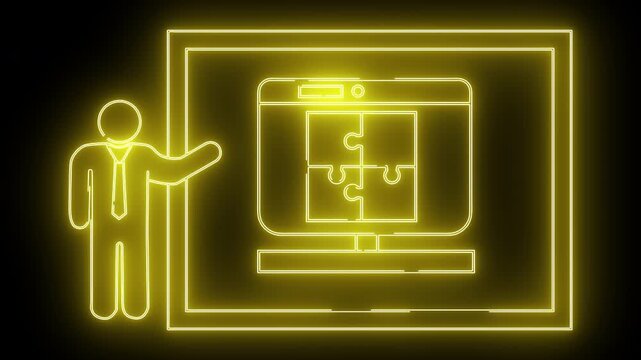 Neon style graphic presenter screen with jigsaw puzzle on black backdrop