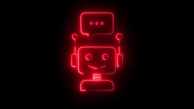 Futuristic animated red neon robot chatbot icon for artificial intelligence and technology concepts of assistance for communication and support . 4k motion graphic animation.