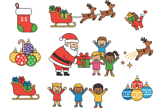 Flat Cartoon Christmas Character Icons of Santa Giving Gifts to Kids, isolated on transparent background.png - Powered by Adobe