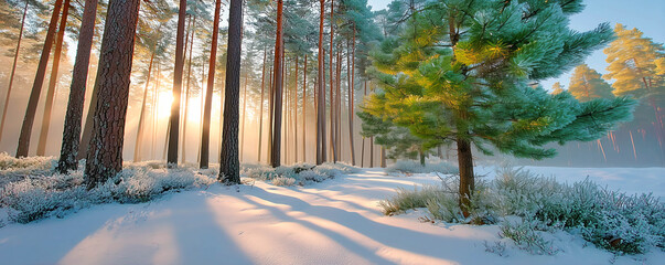 Snow-covered pine forest at frosty evening with golden sunset light filtering through branches. Picturesque view.