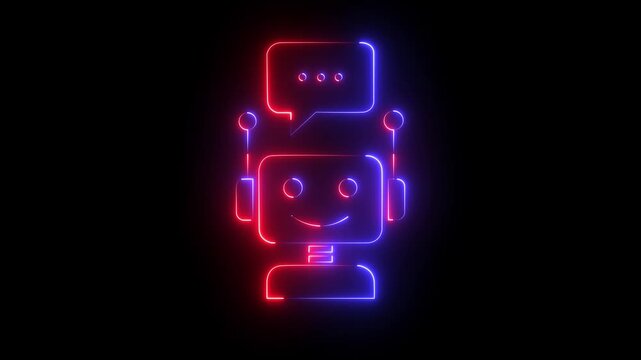 Futuristic animated red neon robot chatbot icon for artificial intelligence and technology concepts of assistance for communication and support . 4k motion graphic animation.
