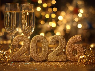 Elegant new year 2026 celebration with champagne and glitter