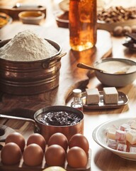 Various baking supplies are arranged on a light wooden table. Eggs, flour, sugar, and chocolate are visible, ready for making delicious treats. Turkish Delight is present, too