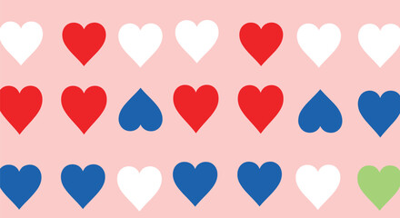 A repeating pattern of white, red, and blue hearts, including some inverted ones, and a single green heart on a soft pink background.