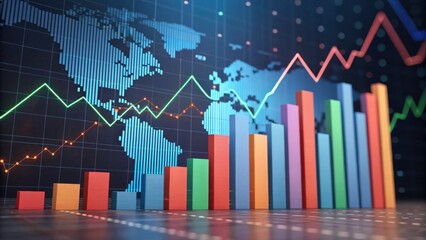 A colorful data visualization featuring bar graphs and line charts overlaid on a world map, illustrating global trends in analytics.