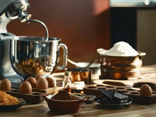 A stand mixer stands ready amongst eggs, flour, cocoa powder, and chocolate, all arranged on a wooden surface. Baking ingredients are set for mixing a dessert