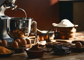Sunlight spills across a wooden table laden with ingredients for baking. Flour, eggs, cocoa powder, and dark chocolate sit near a shiny stand mixer, ready to create a delicious treat