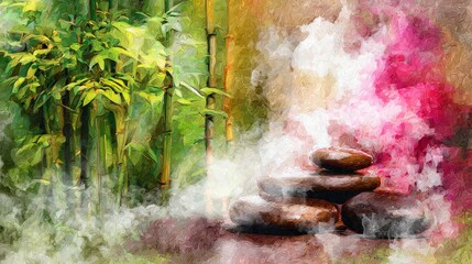 Watercolor painting of serene spa environment with hot stones and soothing colors, emotional and physical healing concept symbolizing relaxation, balance, and holistic wellness