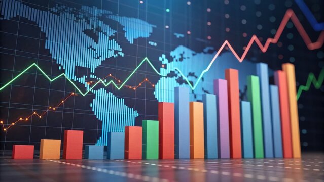 A colorful data visualization featuring bar graphs and line charts overlaid on a world map, illustrating global trends in analytics.