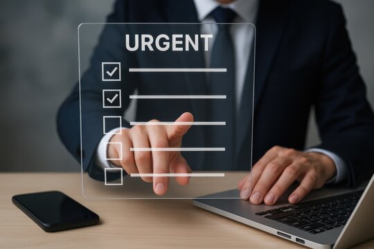 Urgent task list checkmark business man interacting with digital interface deadline management urgent business tasks