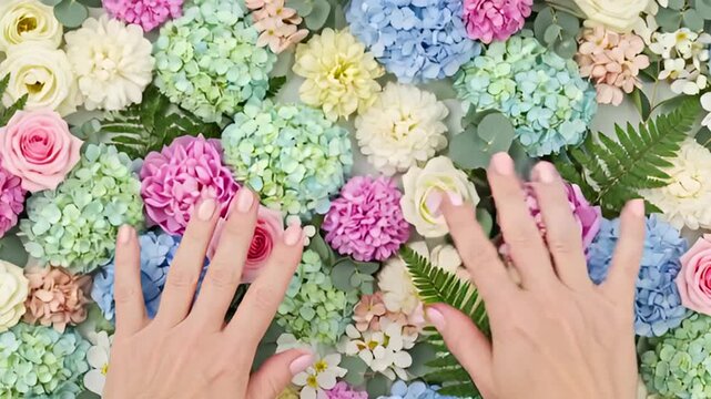 Floral Arrangement: Hands Gently Adjusting Colorful Blossoms, Top-Down View