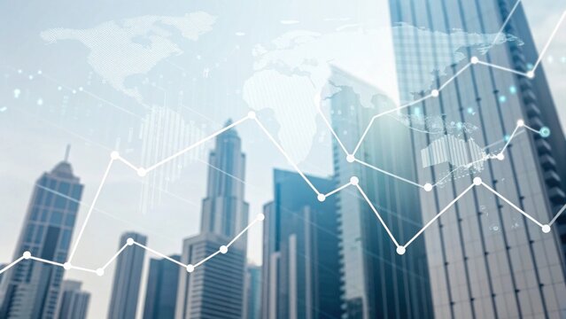 A modern city skyline features skyscrapers and a global map overlay with data visualizations, representing business and economic growth.
