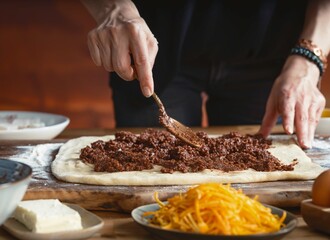Person spreads a rich, dark cinnamon filling onto rolled dough on a wooden board. Tools and ingredients like butter, grated citrus, and eggs surround the dough