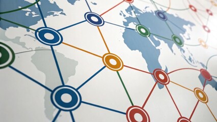 A colorful world map with interconnected nodes, symbolizing global networking and communication.