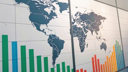 A modern world map with colorful bar graphs, representing data visualization and global statistics.