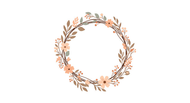 Gentle floral wreath with delicate peach blossoms and earthy autumn-inspired leaves, creating a soft and natural decorative frame. - Powered by Adobe