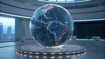 A futuristic globe displays a vibrant map of the Americas, set in a sleek, modern interior with illuminated details.