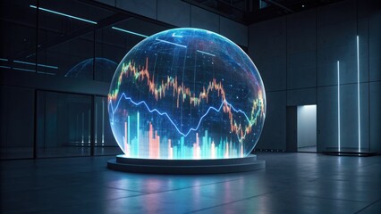 A futuristic, holographic globe displays financial data and graphs in a sleek, modern environment, emphasizing technology and innovation in finance.