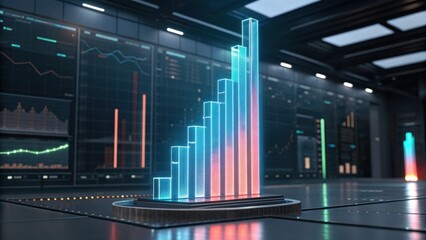 A futuristic digital display shows a 3D graph representing data trends with vibrant colors in a high-tech environment.