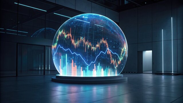 A futuristic, holographic globe displays financial data and graphs in a sleek, modern environment, emphasizing technology and innovation in finance.