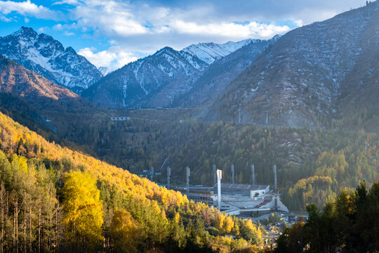 Autumn landscape in the mountains at sunset near Almaty, Kazakhstan.