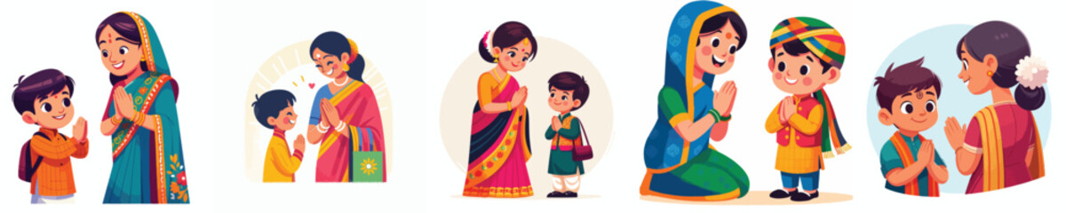 A small Indian child greets his teacher with the Namaste gesture.