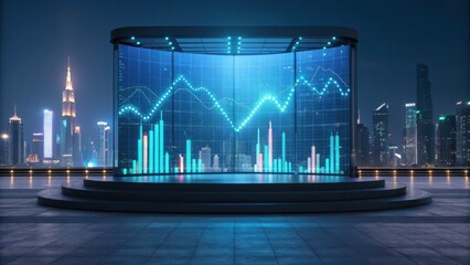 A futuristic data visualization display shows financial trends against a city skyline at night, highlighting technology and innovation.