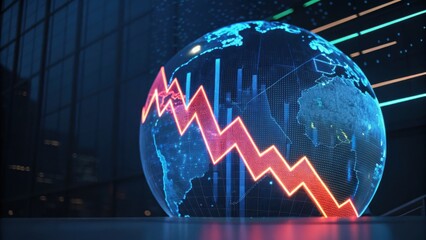 A digital globe displays a declining stock market trend with a red line, symbolizing economic downturns and global financial metrics.