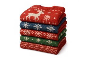 Stack of festive winter holiday sweaters featuring reindeer and snowflake patterns, folded for cozy warmth, transparent background
