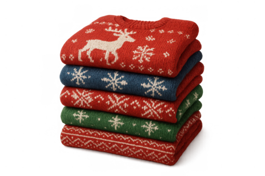 Stack of festive winter holiday sweaters featuring reindeer and snowflake patterns, folded for cozy warmth, transparent background - Powered by Adobe