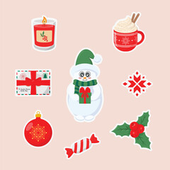 Christmas holiday stickers set. Cute winter sticker collection with decorative elements. Vector illustration.