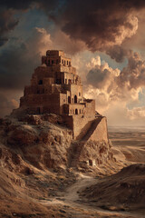 Majestic ancient ziggurat against dramatic sky in remote desert landscape at sunset