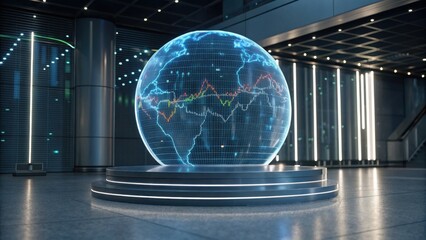 A futuristic holographic globe displaying data projections in a modern, high-tech environment.
