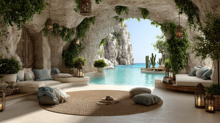 Coastal cave retreat with tropical plants and ocean view in mediterranean setting