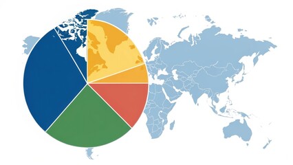 A colorful pie chart overlays a world map, highlighting various regions and their proportions.