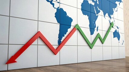 A colorful world map with red and green arrows indicating market trends and growth, set against white tiles and a wooden floor.