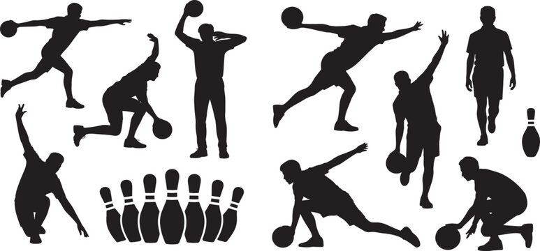 silhouette collection of bowling players in various action poses with bowling pins, sports activity vector illustration
