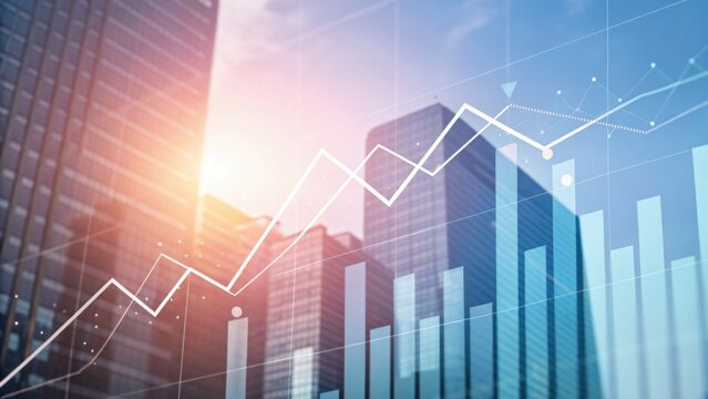 A modern city skyline with financial graphs overlaying, illustrating growth and economic trends in a dynamic urban environment.