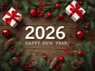 Happy new year 2026 greeting with festive decorations on wood