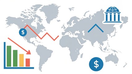 A graphical representation of a world map with financial trends, including graphs and dollar symbols indicating economic fluctuations.