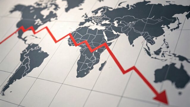 A world map with a downward red trend line, symbolizing a decline or negative change in global metrics.