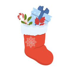 Festive Christmas stocking filled with gifts, candy cane, and holiday decor. Perfect for seasonal cards, winter illustrations, and holiday designs.