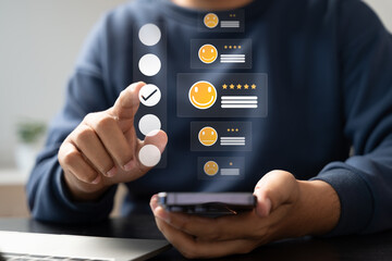 Customer satisfaction review and rating concept showing user giving five-star feedback on smartphone. Digital evaluation for online reputation, service quality, and business growth.