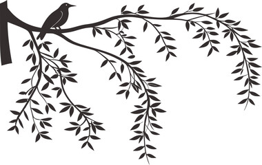 Elegant silhouette illustration of a bird perched on a leafy tree branch. Features delicate hanging foliage and natural decorative details. Ideal for wall art, decals, craft projects, invitations