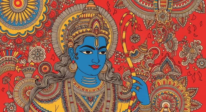 Ancient Indian Art Depicting a Deity with Bow and Elaborate Patterns