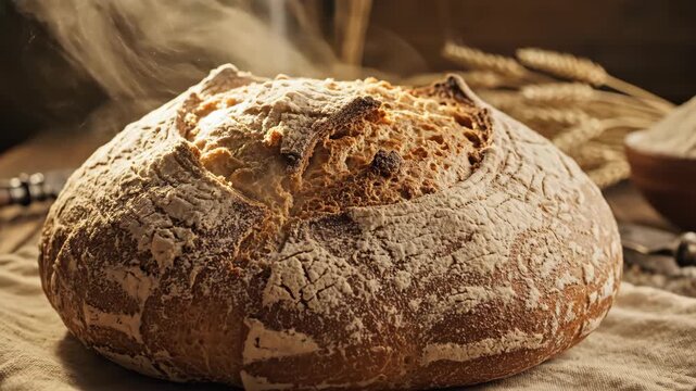 Freshly Baked Rustic Bread Loaf - A close-up shot of a steaming loaf of freshly baked round bread dusted with flour, sitting on a linen cloth.