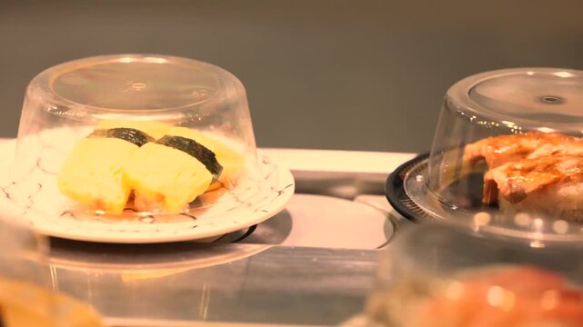 Plates of sushi and rolls moving on a kaiten conveyor belt in a sushi restaurant, showing Japanese dining tradition, interactive experience, and fresh food served on the go.