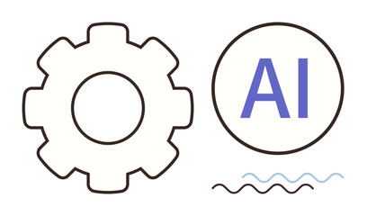 Gear and AI text inside a circle with wave lines. Ideal for technology, innovation, automation, AI, machine learning, progress, and creativity. Clean simple flat metaphor