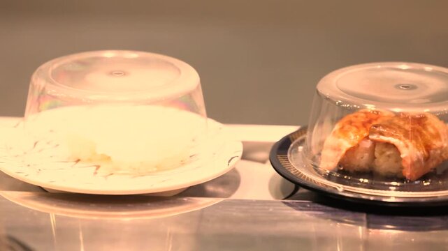 Plates of sushi and rolls moving on a kaiten conveyor belt in a sushi restaurant, showing Japanese dining tradition, interactive experience, and fresh food served on the go.