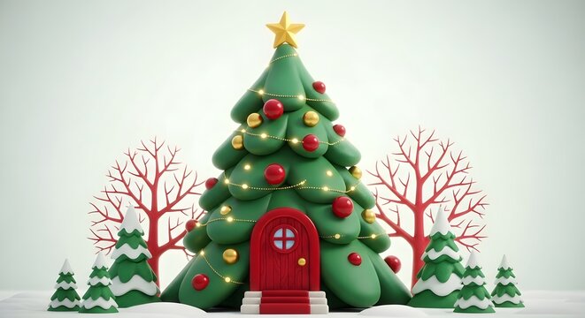 Whimsical clay christmas tree with red door and snowy forest